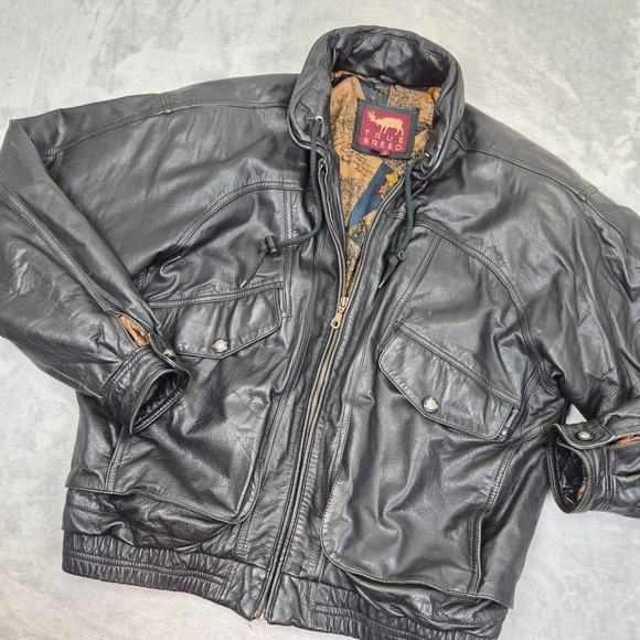True Breed Other - True Breed Mens Black Leather Bomber Jacket Vintage Map Lining Size M